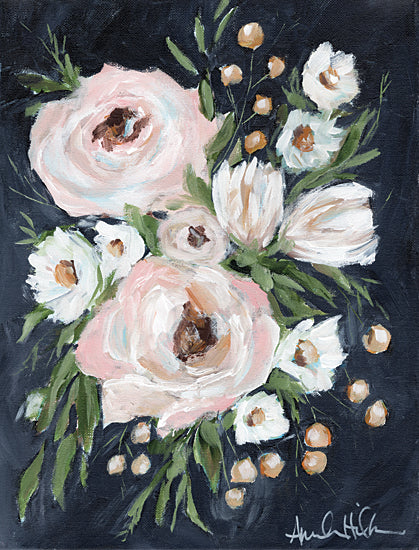 Amanda Hilburn AH105 - AH105 - Blush and Bashful - 12x16 floral bouquet dark background, roses, moody floral painting from Penny Lane