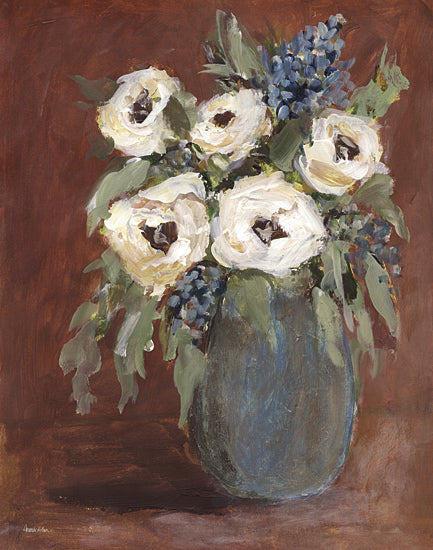 Amanda Hilburn AH245 - AH245 - Spiced Embrace I - 12x16 white anemones, blue delphinium, brown background, painterly floral, textured brush strokes, rustic charm, deep tones, classic still life, floral bouquet, moody colors from Penny Lane