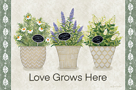 Annie LaPoint ALP2867 - ALP2867 - Love Grows Here - 18x12 potted herbs, camomile lavender peppermint, inspirational nature art, love grows here, greenery decor, farmhouse botanical print from Penny Lane