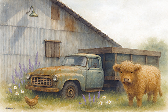 Anthony Smith ANT228 - ANT228 - Fluffy Highland on the Farm - 18x12 highland cow, truck, flowers, rustic farm from Penny Lane
