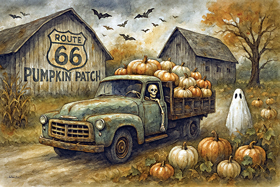 Anthony Smith ANT247 - ANT247 - Route 66 Spooky Pumpkin Patch - 18x12 Halloween, pumpkin patch, Route 66 barn, skeleton truck driver, vintage pickup, autumn harvest, ghost, spooky bats from Penny Lane
