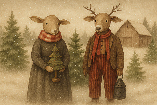 Anthony Smith ANT268 - ANT268 - Primitive Deer Couple - 18x12 anthropomorphic deer, forest background, snow falling, reindeer couple, folk art characters, holiday attire, red scarf, vintage Christmas illustration, rustic charm, woodland scene from Penny Lane