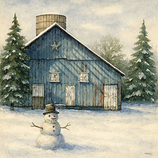 Anthony Smith ANT271 - ANT271 - The Hue of Winter - 12x12 snowman in front of barn, blue barn, winter farm, pine trees, country landscape, rustic architecture, snow-covered ground, peaceful countryside, frosty day, farmhouse art from Penny Lane