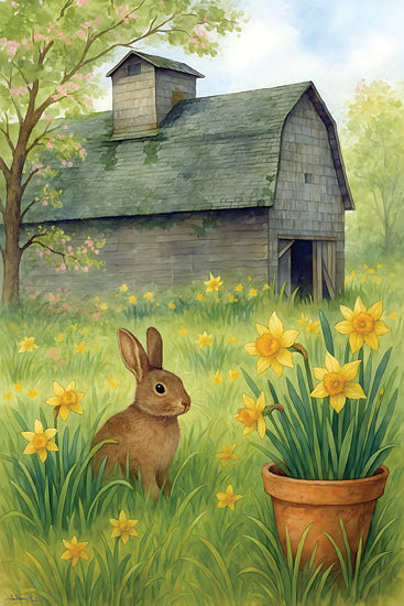 Anthony Smith ANT272 - ANT272 - Bunny in the Daffodils - 12x18 spring barn, bunny and daffodils, green meadow, blooming flowers, sunny countryside, rustic barn, seasonal renewal, Easter springtime, nature illustration, countryside charm from Penny Lane