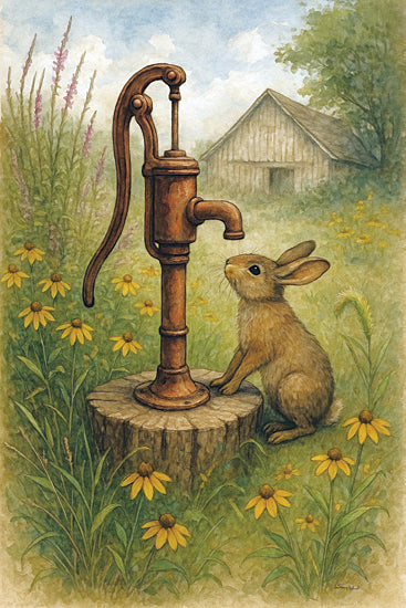 Anthony Smith ANT285 - ANT285 - The Wellspring of Spring - 12x18 bunny with water pump, yellow wildflowers, meadow, rustic barn in background, spring nature, country garden, animal curiosity, farm life, seasonal renewal, gentle countryside art from Penny Lane