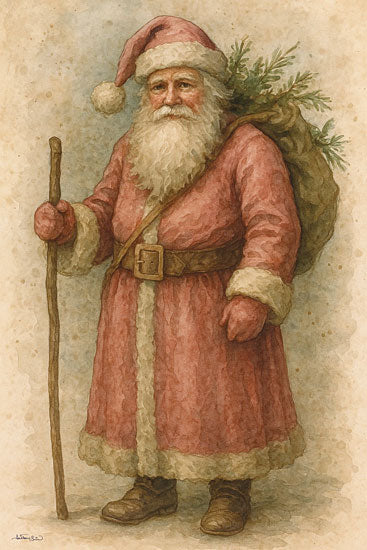 Anthony Smith ANT301 - ANT301 - Santa's Journey - 12x18 holidays & seasonal, figurative, christmas, santa, old man, bag, walking stick, fir branch, vintage, painterly, watercolor, red from Penny Lane