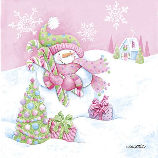 Diane Kater ART1372 - ART1372 - Pretty in Pink Snowman - 12x12 holidays & seasonal, juvenile, landscape, christmas, winter, children, trees, snowman, gift, candy cane, snowflakes, cottage, snowy hill, ornaments, whimsical, feminine, watercolor, pink from Penny Lane