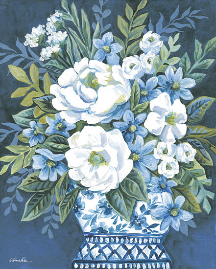 Diane Kater ART1397 - ART1397 - Blue Rhapsody Floral - 12x16 blue and white vase, floral bouquet, peonies, white flowers, blue flowers, greenery, elegant still life, painterly brush strokes, decorative art, modern farmhouse decor, botanical design, garden-inspired artwork, spring floral painting from Penny Lane