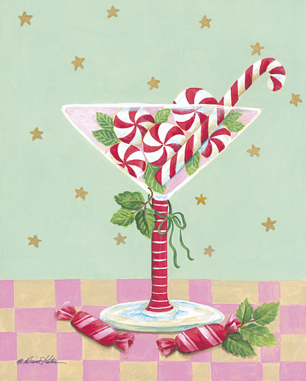 Diane Kater ART1406 - ART1406 - Peppermint Spirits - 12x16 peppermint candies, candy cane, martini glass, Christmas cocktail, holiday treats, mint leaves, gold stars, festive design, pink and green decor, cheerful holiday art, sweet drinks, candy theme, seasonal artwork, playful Christmas still life from Penny Lane