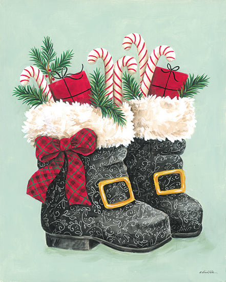 Diane Kater ART1419 - ART1419 - Candy Cane Boots II - 12x16 Christmas boots, candy canes, plaid ribbon, black boots, holly and pine, presents, festive art, whimsical holiday scene, cheerful seasonal decor from Penny Lane