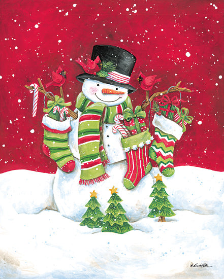 Diane Kater ART1422 - ART1422 - Snowman with Stockings - 12x16 snowman, christmas stockings, gifts, candy canes, cardinal birds, red background, snowfall, winter scene, festive, holiday decor, whimsical snowman, christmas cheer, painterly watercolor, green scarf, stockings hanging from Penny Lane