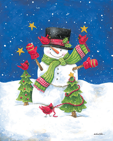 Diane Kater ART1423 - ART1423 - Snowman and Cardinals - 12x16 snowman, winter, blue night sky, stars, cardinal birds, christmas trees, garland, snowfall, festive, holiday decor, whimsical, bright colors, watercolor style, cheerful, seasonal from Penny Lane