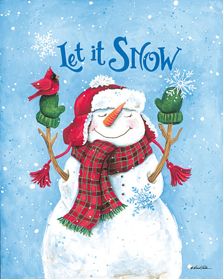 Diane Kater ART1424 - ART1424 - Let It Snow Snowman - 12x16 let it snow, snowman, typography, winter, blue background, snowflakes, mittens, cardinal bird, plaid scarf, whimsical, kids room decor, holiday season, cheerful, watercolor style, seasonal from Penny Lane
