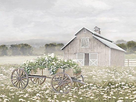 Amber Sterling AS366 - AS366 - Happy Acres Flower Farm - 16x12 barn, farmhouse, rustic barn, country field, meadow, wildflowers, flower cart, wooden wagon, wagon wheels, floral wagon, cottagecore, misty morning, fog, neutral tones, pastoral, countryside, rural landscape, shabby chic, vintage, spring flowers, soft light, modern farmhouse decor, painterly from Penny Lane
