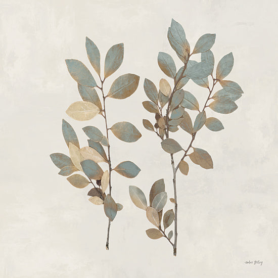 Amber Sterling AS393 - AS393 - Branching Out        - 12x12 botanical print, leaves, greenery, nature art, minimalist, muted tones, teal and beige foliage, watercolor leaves, modern botanical, organic wall art from Penny Lane
