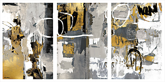 Amber Sterling AS543 - AS543 - Echoes in Gilded Silence - 18x9 triptych abstract, gold and gray tones, mixed media texture, white brushwork, modern abstract expression, contemporary wall art, geometric abstraction from Penny Lane