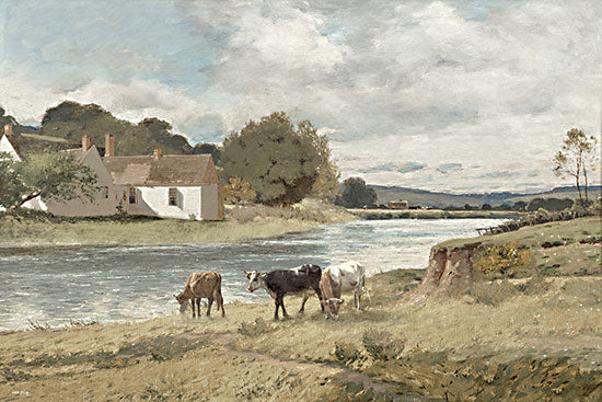 Amber Sterling AS569 - AS569 - Still Waters - 18x12 animals, landscape, home spaces, farm animals, rivers, country, rural, cow, riverbank, meadow, clouds, farmhouse, painterly, vintage, oil painting, neutral from Penny Lane