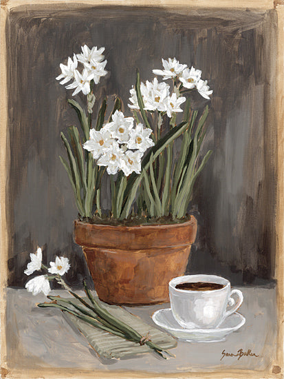 Sara Baker BAKE358 - BAKE358 - Good Morning Flowers     - 12x16 still life painting, terracotta pot, white flowers, narcissus, daffodils, coffee cup, rustic kitchen decor, farmhouse style, painterly brushstrokes from Penny Lane