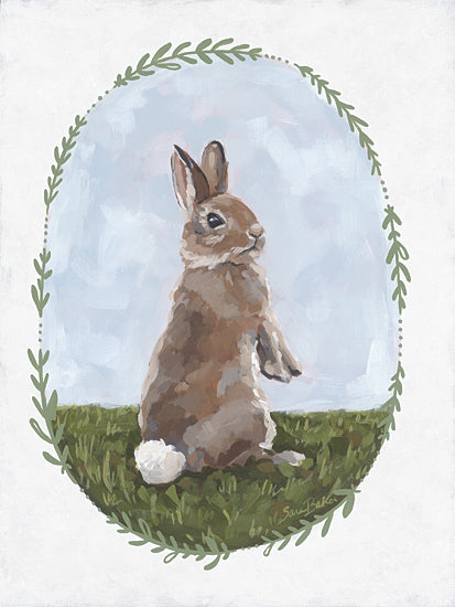 Sara Baker BAKE387 - BAKE387 - The Goodness of Spring I - 12x16 bunny rabbit, woodland animal, cute rabbit portrait, juvenile animal art, whimsical nursery, springtime, green grass, pastel blue background, botanical wreath frame, greenery border, folk art style, hand painted, soft brush strokes, Easter bunny, neutral brown rabbit, nature from Penny Lane