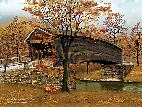 Billy Jacobs BJ1393 - BJ1393 - Fall at Humpback Bridge - 16x12 Folk Art, Landscape, Covered Bridge, Autumn, Fall, Trees, Creek, Pumpkins, Fall Leaves, Fall at Humpback Bridge from Penny Lane