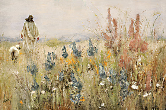 Ashley Bradley BRAD281 - BRAD281 - The Good Shepherd - 18x12 Jesus with sheep, shepherd, meadow, wildflowers, pastoral from Penny Lane