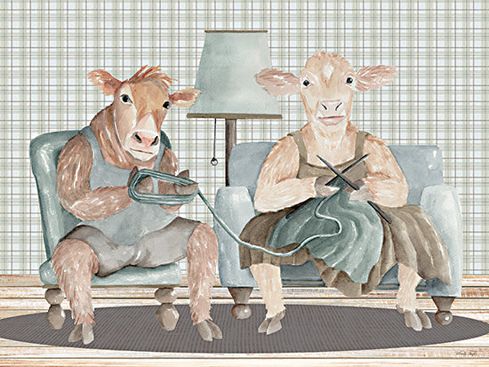 Cindy Jacobs CIN4411 - CIN4411 - Country Cows Knitting Duo - 16x12 watercolor humorous cows; knitting cow couple; anthropomorphic farm animals; plaid wallpaper; blue armchairs; whimsical farmhouse humor; yarn and knitting needles; quirky country decor; seated bovine characters; soft neutral palette; playful rustic illustration; folk art inspired animal scene from Penny Lane