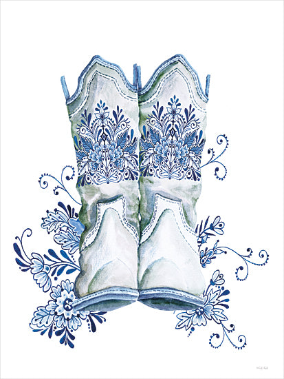 Cindy Jacobs CIN4468 - CIN4468 - Indigo Bloom Boots - 12x16 blue floral cowboy boots, western boots, ornate folk floral pattern, indigo blue and white, watercolor illustration, cowgirl style, feminine western decor, fashion illustration, boho floral swirls, country chic, boots artwork from Penny Lane