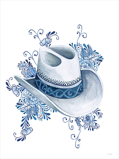 Cindy Jacobs CIN4469 - CIN4469 - Indigo Bloom Cowboy Hat - 12x16 white cowboy hat, western hat, blue floral scrollwork, boho flowers, cowgirl fashion accessory, watercolor illustration, country western decor, feminine, ranch style, hat artwork, ornate pattern from Penny Lane