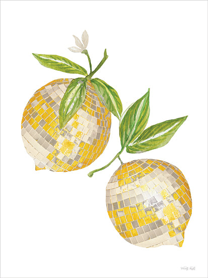 Cindy Jacobs CIN4483 - CIN4483 - Disco Lemons - 12x16 watercolor disco lemons; mirrored citrus fruit; gold silver mosaic disco ball texture; whimsical kitchen art; retro glam fruit illustration; contemporary pop decor; lemon branch with leaves; playful cocktail lounge vibe; sparkling citrus motif; modern eclectic wall art; fun summer fruit print; bright novelty botanical from Penny Lane