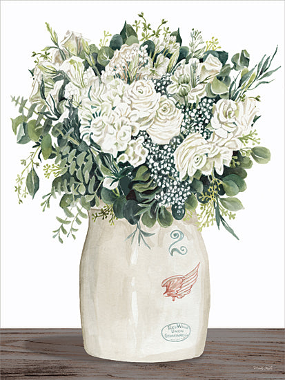 Cindy Jacobs CIN4493 - CIN4493 - Farm Fresh Flowers II - 12x16 watercolor white floral arrangement; antique Red Wing Union stoneware jar; white roses and ranunculus; lush green foliage; eucalyptus and tropical leaves; farmhouse bouquet; rustic vintage crock; elegant country floral decor; neutral green palette; botanical still life; cottage home centerpiece; painterly flower illustration from Penny Lane