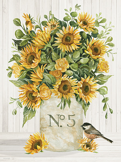 Cindy Jacobs CIN4531 - CIN4531 - Sunny Harmony - 12x16 sunflower bouquet, yellow sunflowers, rustic vase, No. 5 jar, farmhouse floral, watercolor flowers, greenery leaves, white shiplap background, country decor, still life, summer florals, vintage container, neutral tones, botanical art from Penny Lane