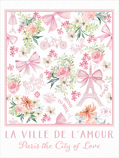 Cindy Jacobs CIN4617 - CIN4617 - Paris - The City of Love - 12x16 La Ville de Lâ'Amour, Paris the City of Love, floral collage, Eiffel Tower, pink bow, bicycle, wedding theme, romantic Paris design, pastel flowers, watercolor illustration, feminine wall art, bridal decor from Penny Lane