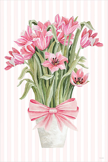 Cindy Jacobs CIN4634 - CIN4634 - Pretty in Pink Tulips - 12x18 pink tulips, watercolor bouquet, potted flowers with ribbon, floral arrangement, feminine gift, home decor art, soft striped background, botanical illustration, spring blooms, delicate pastels from Penny Lane