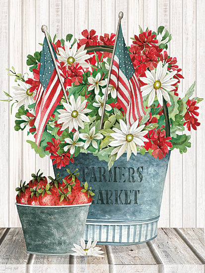 Cindy Jacobs CIN4677 - CIN4677 - Red, White & Berries I - 12x16 farmers market flowers, patriotic bouquet, daisies and geraniums, rustic pail, strawberries, American flags, farmhouse decor, red white green floral from Penny Lane