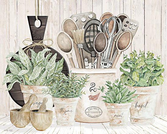 Cindy Jacobs CIN4693 - CIN4693 - Country Kitchen - 16x12 herb pots, sage thyme basil mint, kitchen utensils, mortar and pestle, farmhouse kitchen decor, greenery watercolor art, rustic still life, potted herbs, culinary plants, homestead charm from Penny Lane