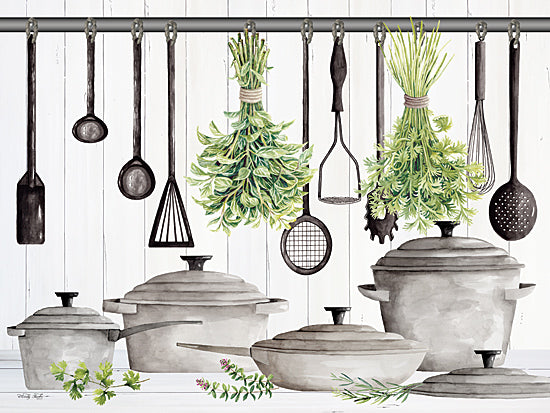 Cindy Jacobs CIN4726 - CIN4726 - A Cook's Kitchen - 16x12 kitchen cookware and herbs watercolor, pots and utensils, hanging herbs, culinary art print, farmhouse kitchen decor from Penny Lane