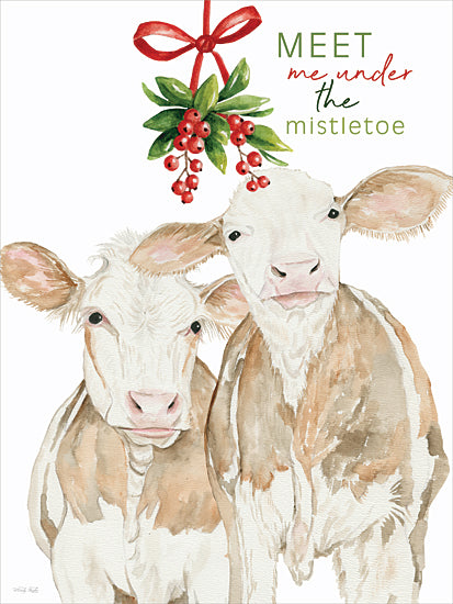 Cindy Jacobs CIN4736 - CIN4736 - Under the Mistletoe Cows - 12x16 two cows under mistletoe watercolor, Christmas holiday art, farm animal festive print, humorous cow illustration, meet me under the mistletoe text from Penny Lane