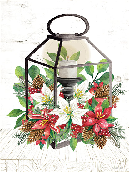 Cindy Jacobs CIN4738 - CIN4738 - Christmas Lantern I - 12x16 lantern centerpiece with red and white flowers watercolor, Christmas candle art, pinecones and holly, festive floral holiday decor from Penny Lane