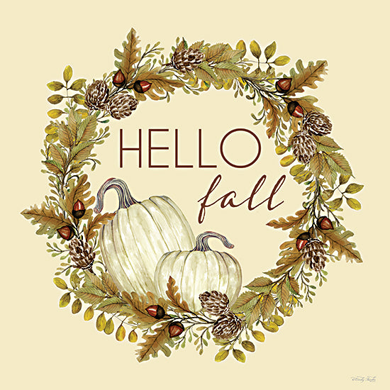 Cindy Jacobs CIN4748 - CIN4748 - Hello Fall Wreath - 12x12 Hello fall wreath, white pumpkins, pinecones, autumn greenery, farmhouse decor, watercolor design, seasonal art print from Penny Lane