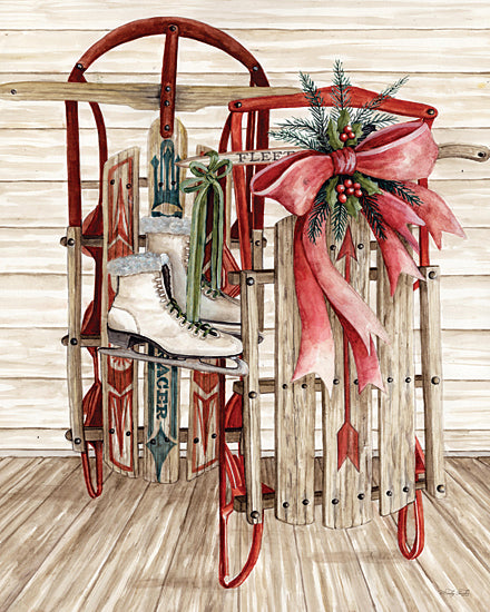 Cindy Jacobs CIN4754 - CIN4754 - Rustic Holiday Charm - 12x16 Vintage sled, ice skates, red bow, pine greenery, rustic holiday decor, watercolor winter scene, farmhouse Christmas art from Penny Lane