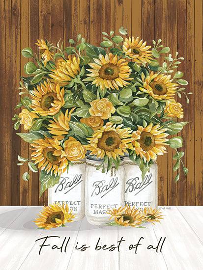 Cindy Jacobs CIN4773 - CIN4773 - Fall is Best of All - 12x16 Watercolor sunflowers and roses bouquet in mason jars, rustic wood background, fall floral still life, farmhouse decor, Ball mason jar, Perfect Mason, hand lettered quote 'Fall is best of all', autumn seasonal art, warm yellow green palette from Penny Lane