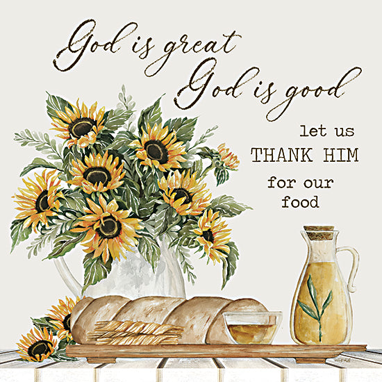 Cindy Jacobs CIN4843 - CIN4843 - God is Great - 12x12 God is great God is good, thank Him for our food, sunflowers, bread, oil pitcher, honey bowl, wheat, dining prayer, religious kitchen art, Christian blessing, gratitude quote, watercolor still life, sunflower bouquet, farmhouse table, food blessing, inspirational wall art, kitchen prayer, harvest meal, warm neutral palette, hand painted, typography, faith based decor, Thanksgiving feeling, rustic dining decor from Penny Lane