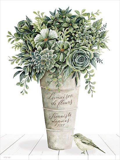 Cindy Jacobs CIN4846 - CIN4846 - The Little Watchman - 12x16 French flower bucket, livraison de fleurs, fleuriste depuis 1887, green floral arrangement, succulents, white flowers, small bird, watercolor bouquet, florist sign, French typography, vintage floral, botanical greenery, galvanized bucket, garden flowers, hand painted floral art, decorative still life, nature art, soft green palette, cottage decor, feminine floral, bird accent, European market style, floral shop, rustic decor from Penny Lane