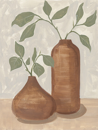 Dogwood Portfolio DOG327 - DOG327 - Terra Cotta Twins - 12x16 brown ceramic vases, green leaves, indoor plants, rustic decor, wooden table, still life, earthy tones, home styling, traditional aesthetics from Penny Lane