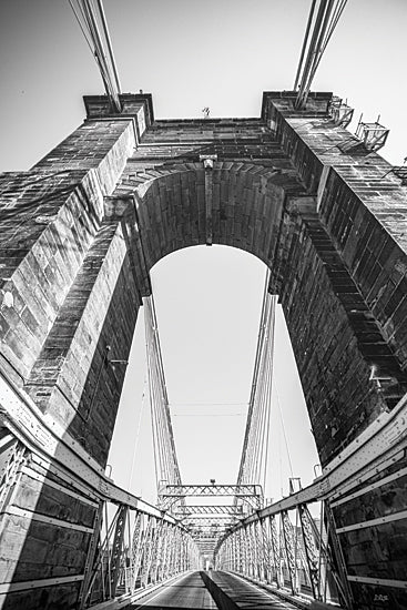Donnie Quillen DQ306 - DQ306 - Gateway to the Queen City - 12x18 black and white bridge photography, suspension bridge tower, stone arch, architectural detail, upward perspective, metal cables, urban landmark, Cincinnati bridge, monochrome city scene, dramatic geometry, industrial structure, travel photography from Penny Lane
