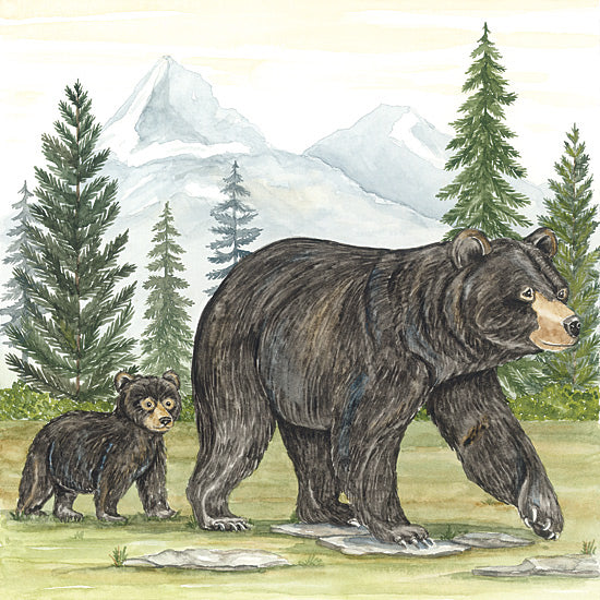 Deb Strain DS2402 - DS2402 - Black Bears in Forest - 12x12 watercolor black bear and cub, mother bear walking with baby bear, evergreen forest, mountain background, rocky path, woodland family, wildlife illustration, lodge decor, parent and child animal scene, rustic nature art from Penny Lane