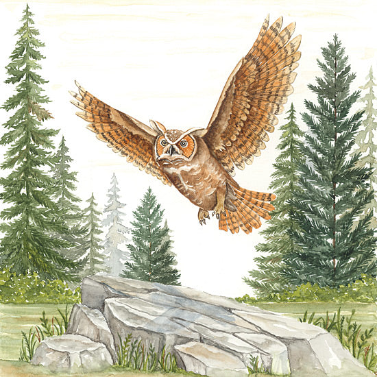 Deb Strain DS2406 - DS2406 - Owl in Forest - 12x12 watercolor great horned owl in flight, spread wings, evergreen forest, rocky ledge, woodland bird, detailed feathers, raptor, wildlife illustration, lodge decor, forest nature scene, owl flying toward viewer from Penny Lane