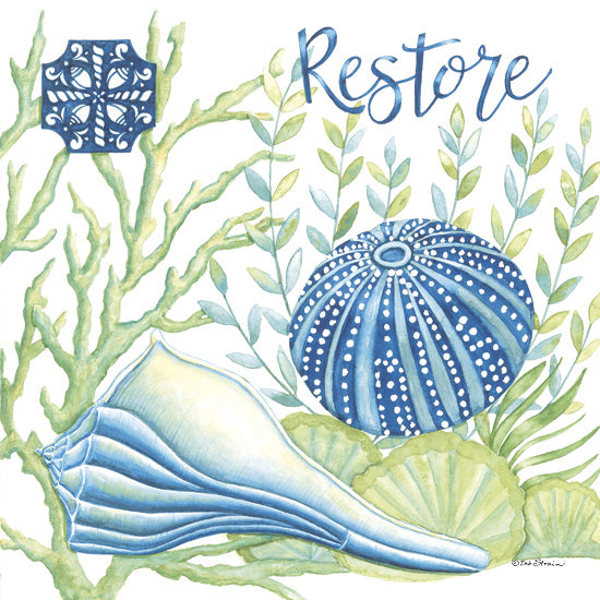 Deb Strain DS2425 - DS2425 - Seaside Restore - 12x12 sea urchin, conch shell, coral, underwater greenery, word restore, oceanic theme, marine art, watercolor, coastal decor, relaxation art from Penny Lane