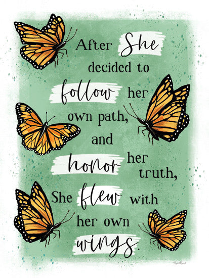Elizabeth Tyndall ET370 - ET370 - Her Own Wings - 12x16 butterfly art, inspirational quote, follow your path, honor your truth, feminine encouragement, monarch butterflies, green background, motivational wall art from Penny Lane