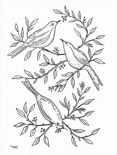 Elizabeth Tyndall ET396 - ET396 - Botanical Birds II - 12x16 songbird illustration, black and white drawing, botanical branches, nature sketch, minimalist bird art, woodland illustration from Penny Lane
